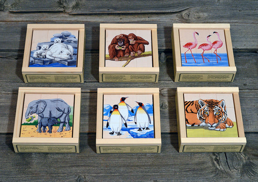 Atelier Fischer Wooden Cube Puzzle Article 909, Zoo animals